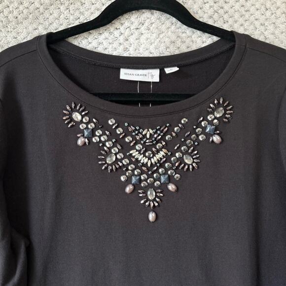 Susan Graver Top Women M Black Gray Embellished Boat Neck Long Sleeves NEW - Picture 4 of 10